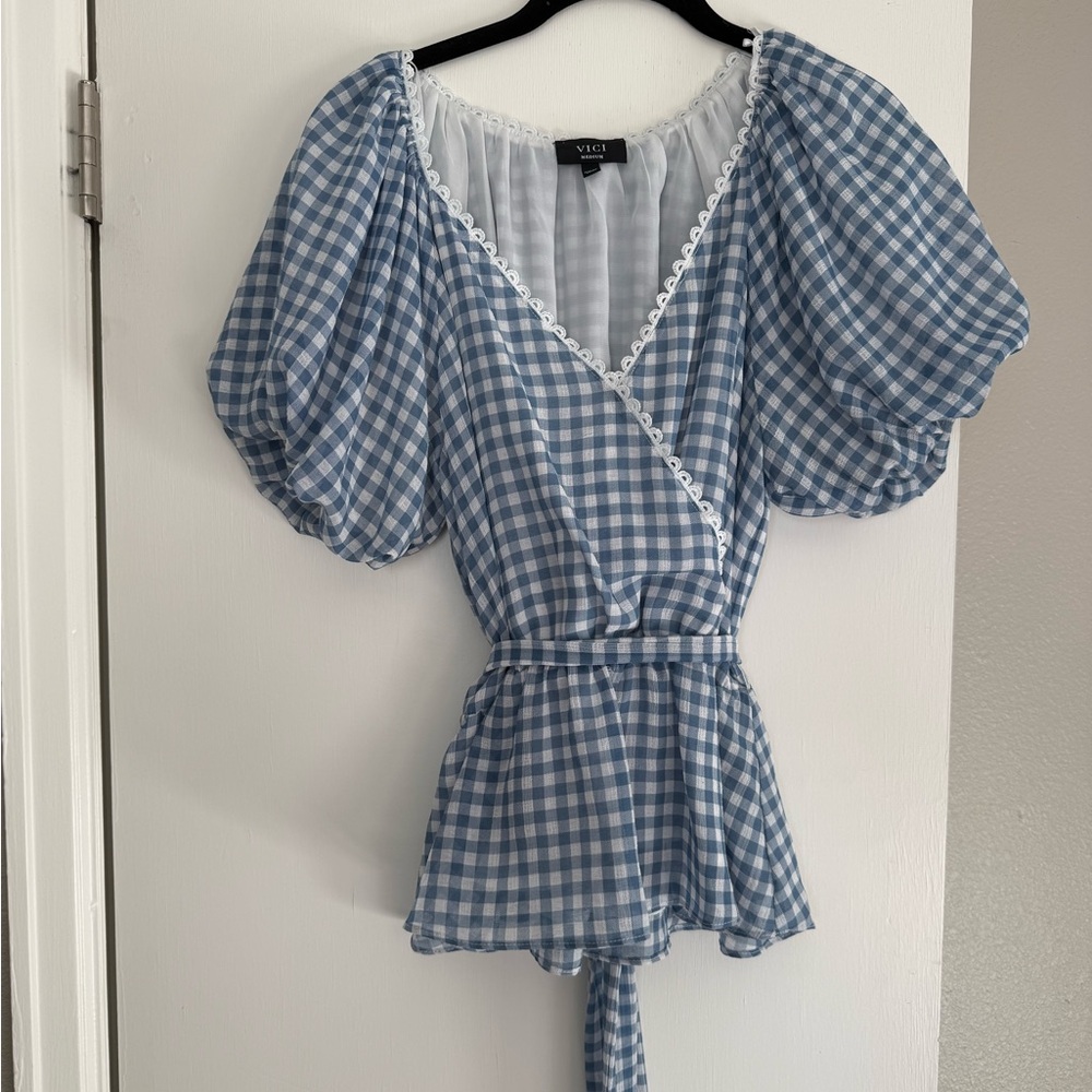 Vici Blue Checkered Blouse with Puff Sleeves